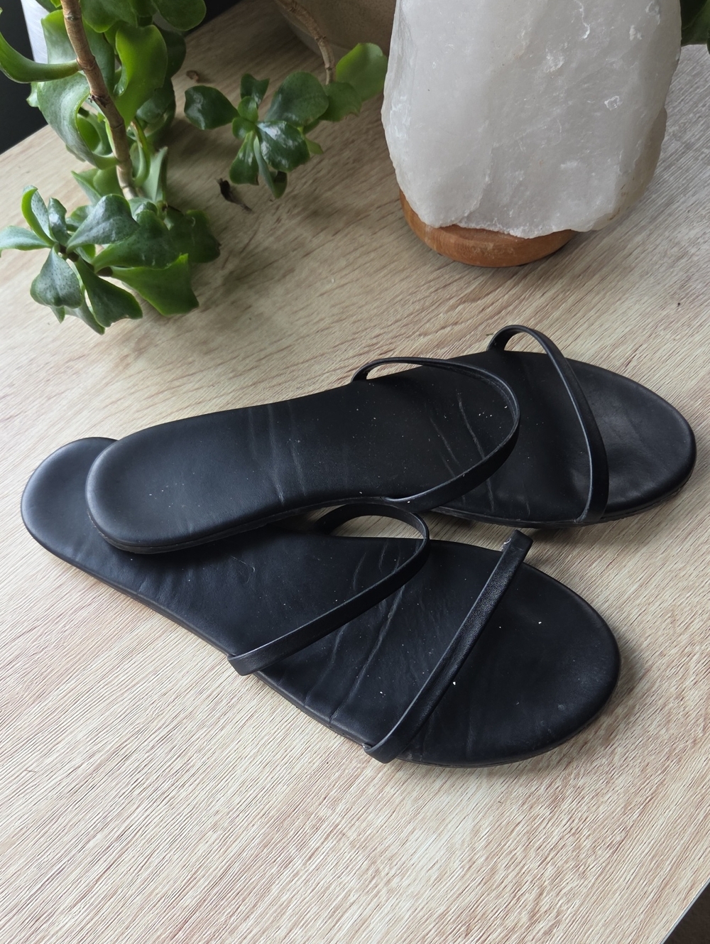 TKEES Black Minimal Double-Strap Leather Sandals